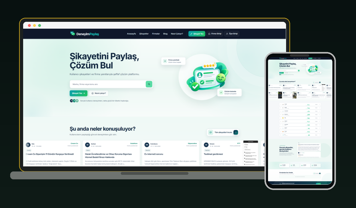 DeneyimPaylaş web sitesi masaüstü ve mobil görünümü