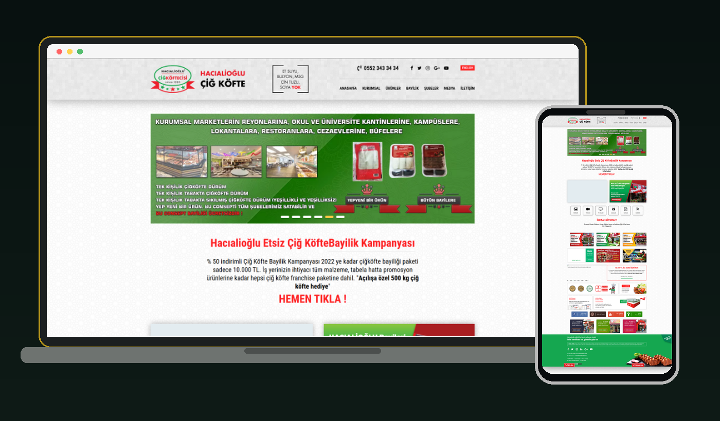 Hacıalioğlu Çiğ Köfte web sitesi masaüstü ve mobil görünümü