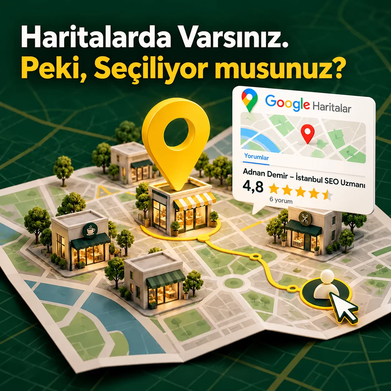 Google Haritalar’da işletme seçimini temsil eden konum işareti, mağazalar ve Adnan Demir SEO Danışmanlığı profil kartı.