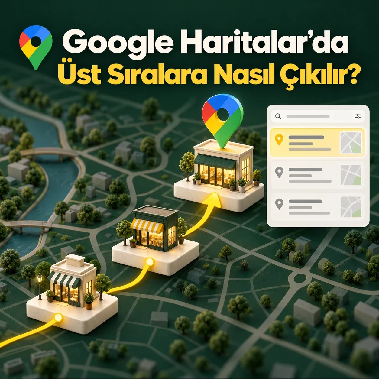 Google Haritalar’da yerel sıralama yükselişini temsil eden işletmeler, konum işareti ve arama sonuçları paneli.
